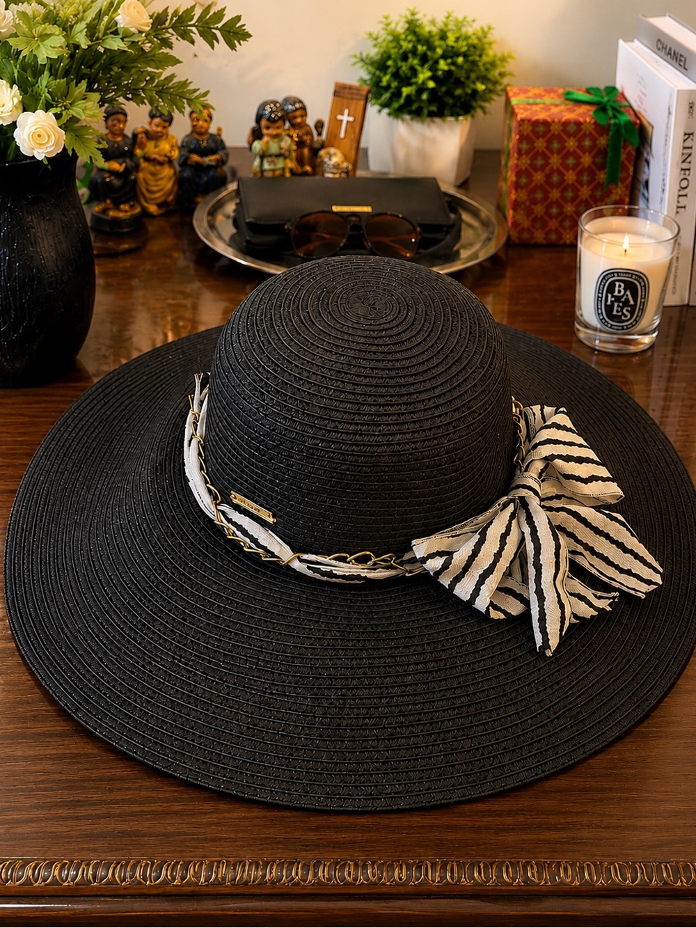 Ellen Tracy Wide-Brim Hat/Striped Bow (Make an Offer)